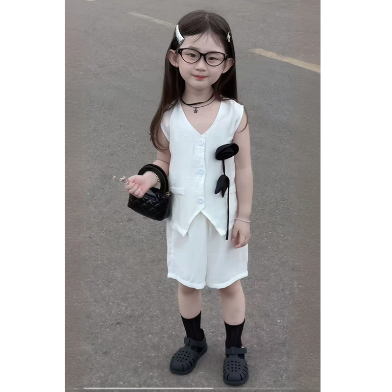 女童马甲套装2025夏季新款白色背心短裤2件套男女宝夏装薄款童装