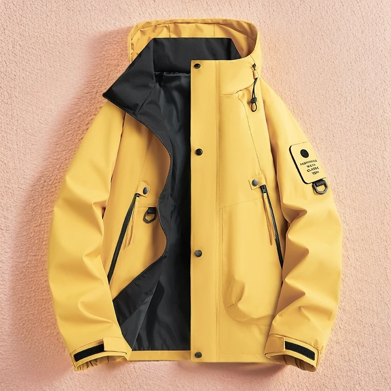 春秋夹克纯色户外情侣冲锋衣三防防风防水耐磨登山连帽单层冲锋衣