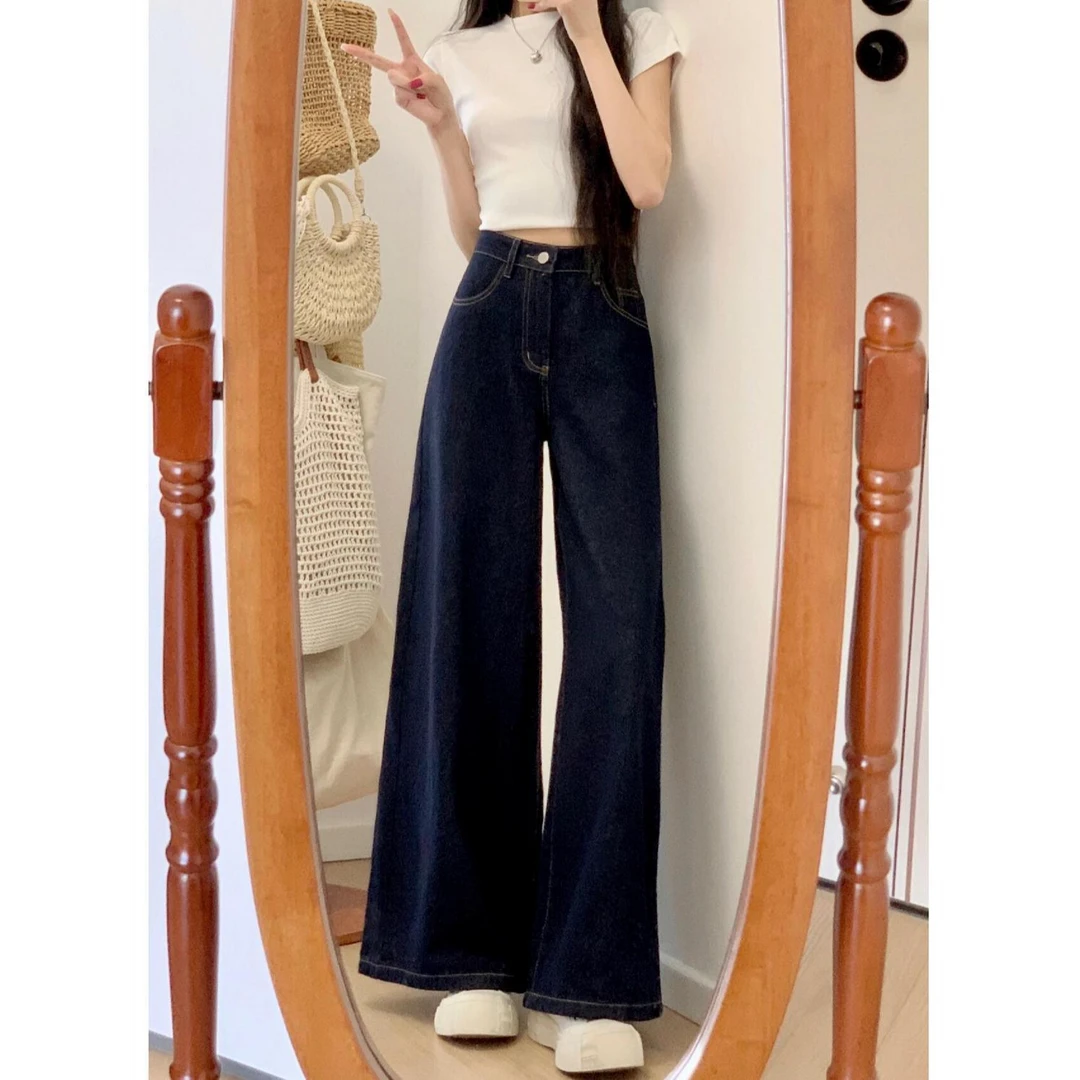 小个子复古水洗阔腿牛仔裤女新款高腰显瘦宽松直筒裤垂感拖地长裤