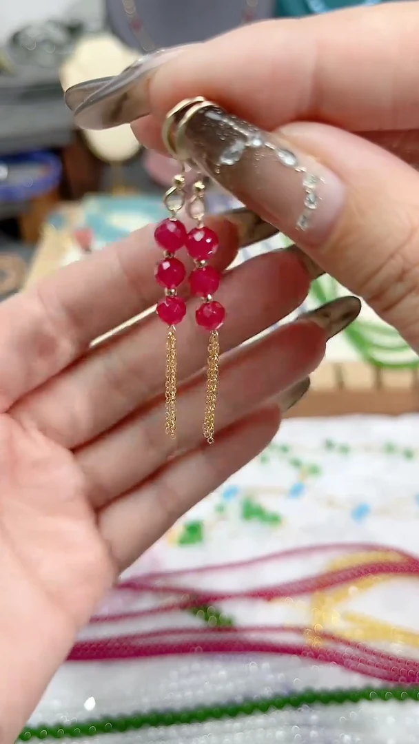 【闪购商品】红宝石耳饰14K金镶嵌三颗流苏59