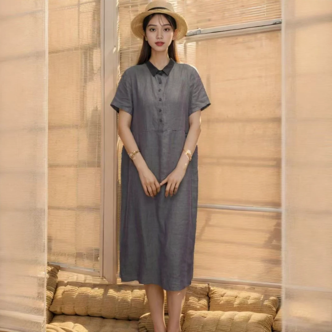 8275-（棉麻系列）复古衬衫领中长连衣裙（灰色）