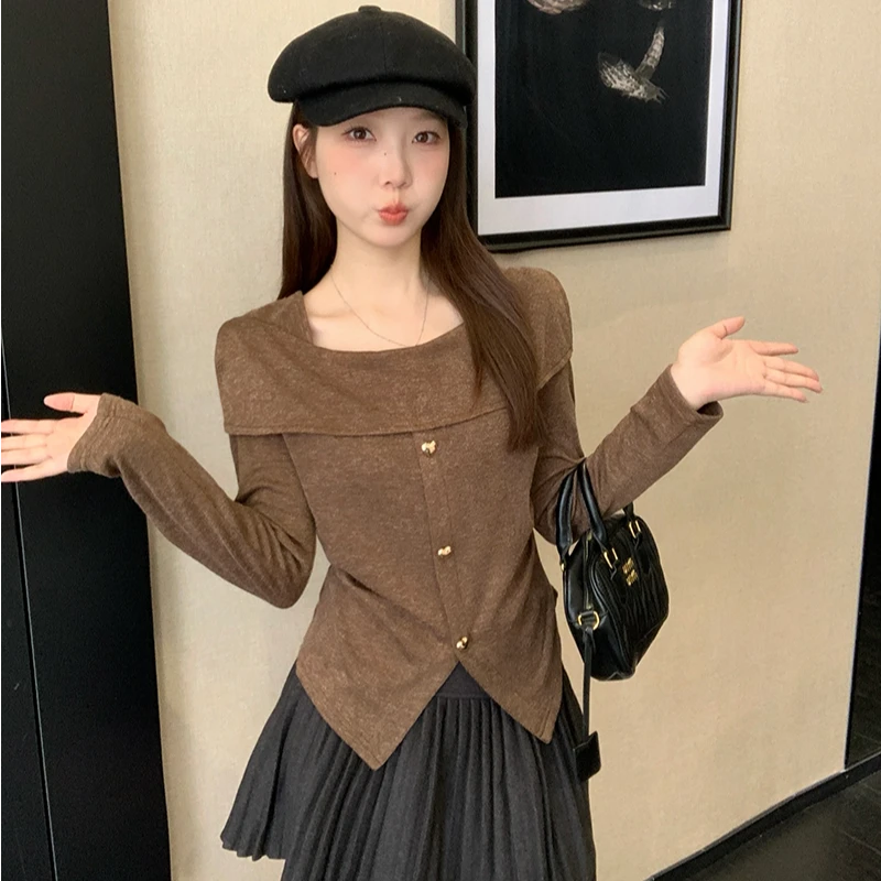 2025秋装新款胖mm大码女休闲气质一字肩软糯打底长袖上衣