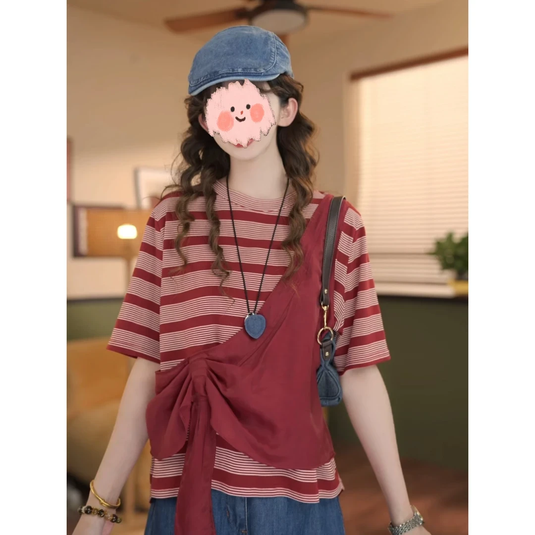 复古假俩件夏季短袖T恤休休闲黑色假两件