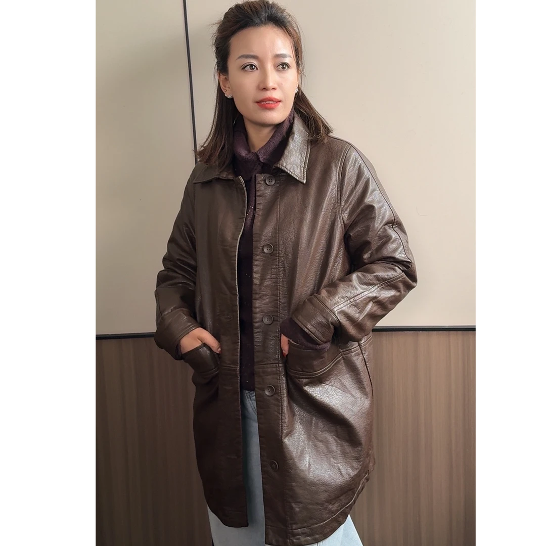 蝴蝶家加厚皮衣外套女高级感中长款皮夹克2025新款时尚上衣25001