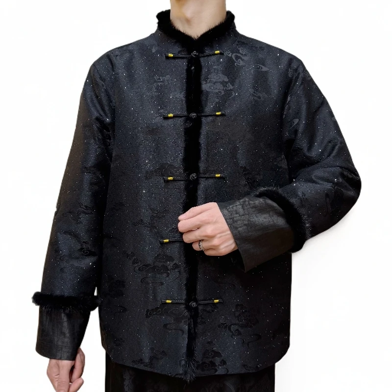 墨雨云间 - 桑蚕丝羊毛宋锦拼香云纱棉服外套！水貂毛镶边保暖