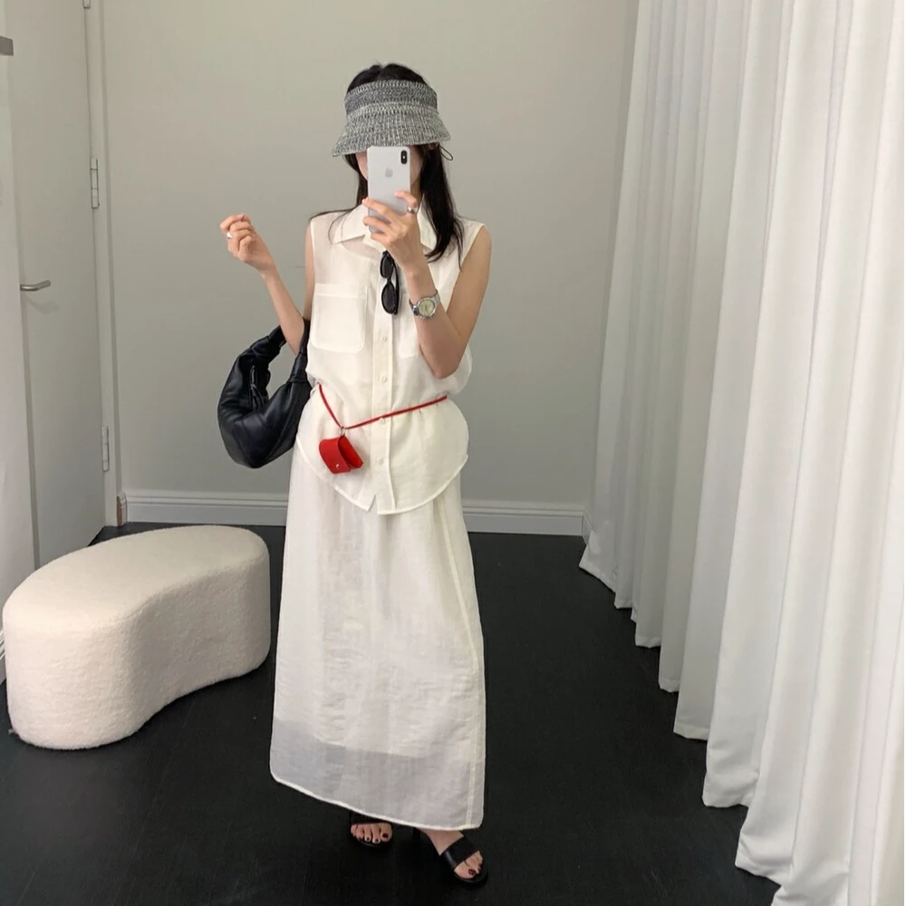 极简风白色无袖衬衫连衣裙夏季女装韩系气质通勤半身裙子三件套装