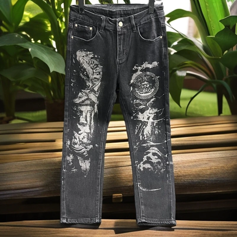 维斯克纳时尚秋季水洗裤子印花牛仔裤男士休闲长裤韩版修身小脚裤