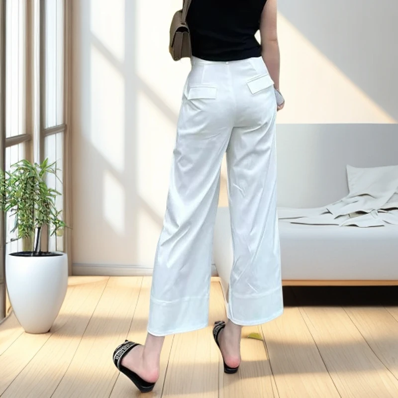 夏季2025年小个子白色西装阔腿休闲裤子女新款高腰遮跨直筒九分裤
