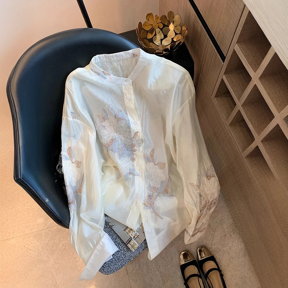 撞色提花刺绣新中式长袖衬衫女2025早秋新款国风气质宽松防晒衬衣
