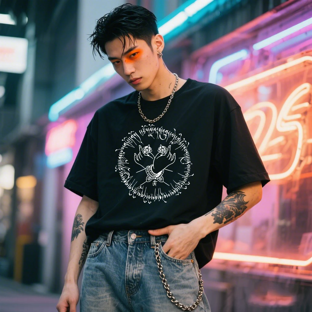 国潮藏文logo印花短袖t恤男士时尚纯棉不透宽松休闲潮流男装上衣