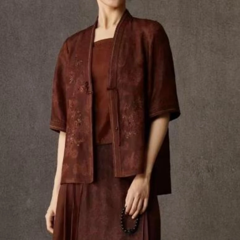 洋 新中式 100桑蚕丝烧花剪花 重工银丝线竹叶刺绣外套 68182