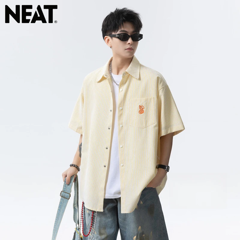 NEAT多巴胺日系条纹短袖衬衫男2025夏季新款潮牌宽松休闲衬衣外套