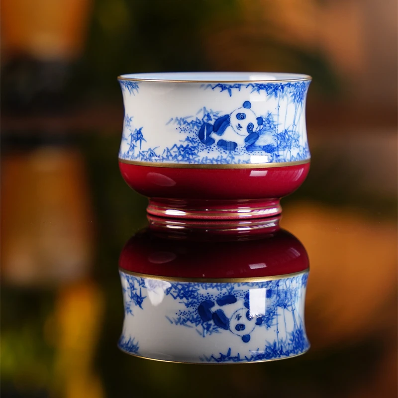 华隐堂   玫瑰红青花熊猫炉式杯    茶具茶道手工手绘HYT2718