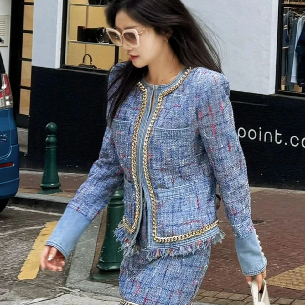 99新 BALMAIN/巴尔曼 36码蓝色混色粗花呢拼牛仔链条边流苏外套