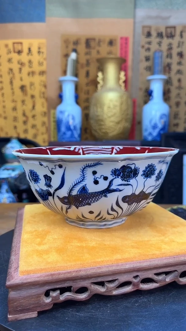 【闪购商品】瓶景德镇陶瓷客厅摆件祭红鱼藻碗