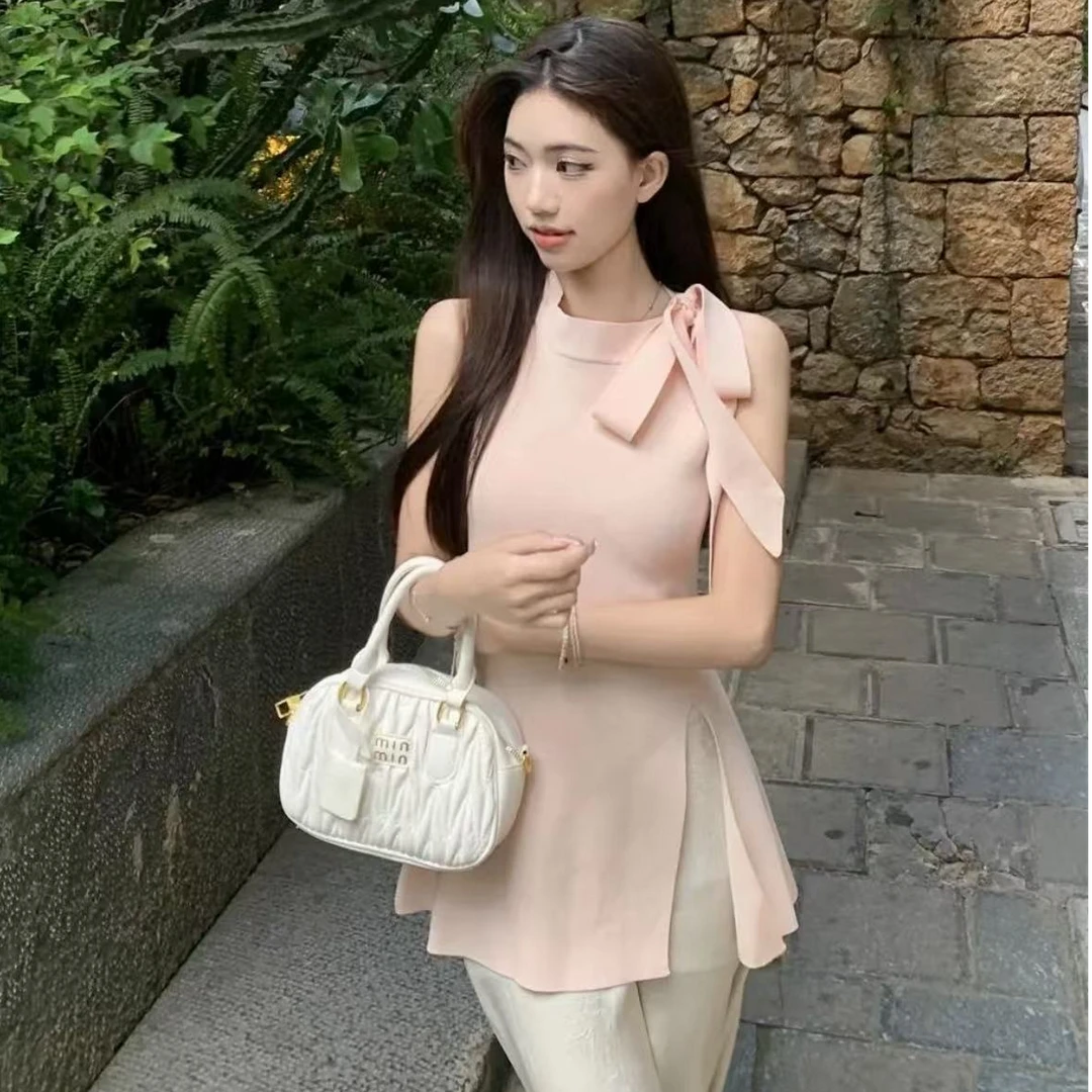 A019法式气质套装夏季蝴蝶结开叉针织背心女通勤显瘦轻奢时尚百搭