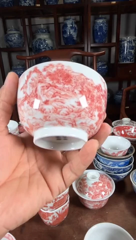 柴窑釉里红山水杯杯