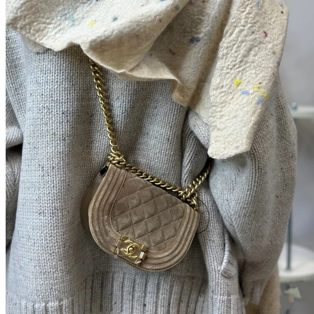 99新 Chanel/香奈儿 22A 卡其色 丝绒 mini马鞍包