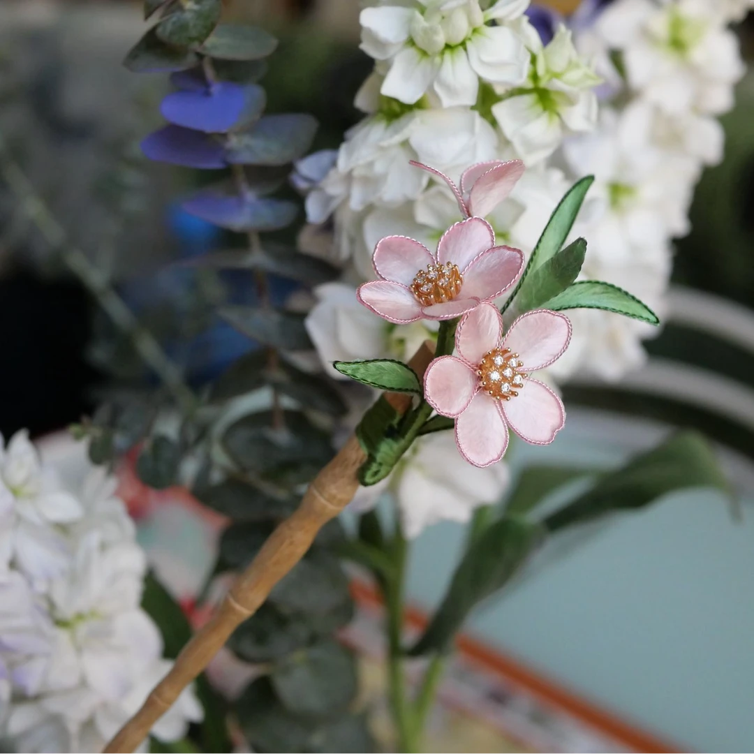 游春-掐丝桃花竹木发簪绒花古风簪子古风簪子手工日常古典