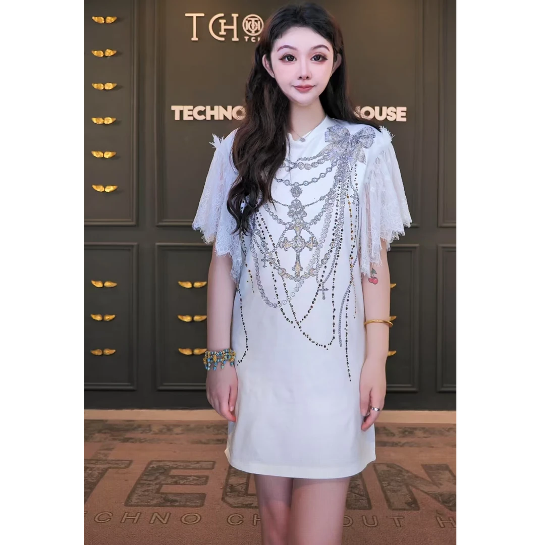 TCH-轻奢时尚潮牌蝴蝶结烫钻蕾丝拼接袖工艺连衣裙T75B30E1223