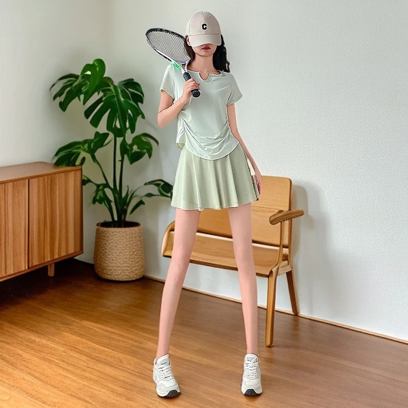 健身衣宽松夏季速干短袖女跑步短裙羽毛球服运动套装新款2025网球