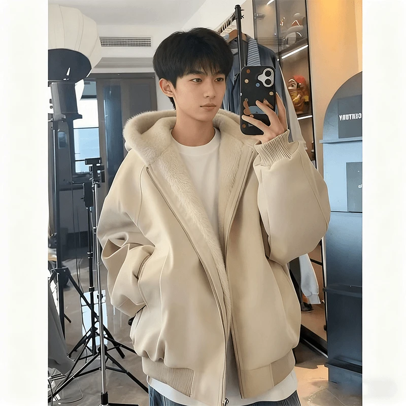 美式连帽座山雕毛领棉服男女冬季加绒加厚皮衣外套高级感棉衣夹克