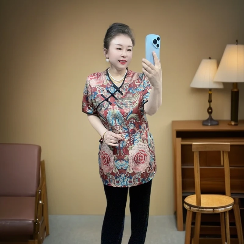 66269气质牡丹花国风v领半袖中长款衫