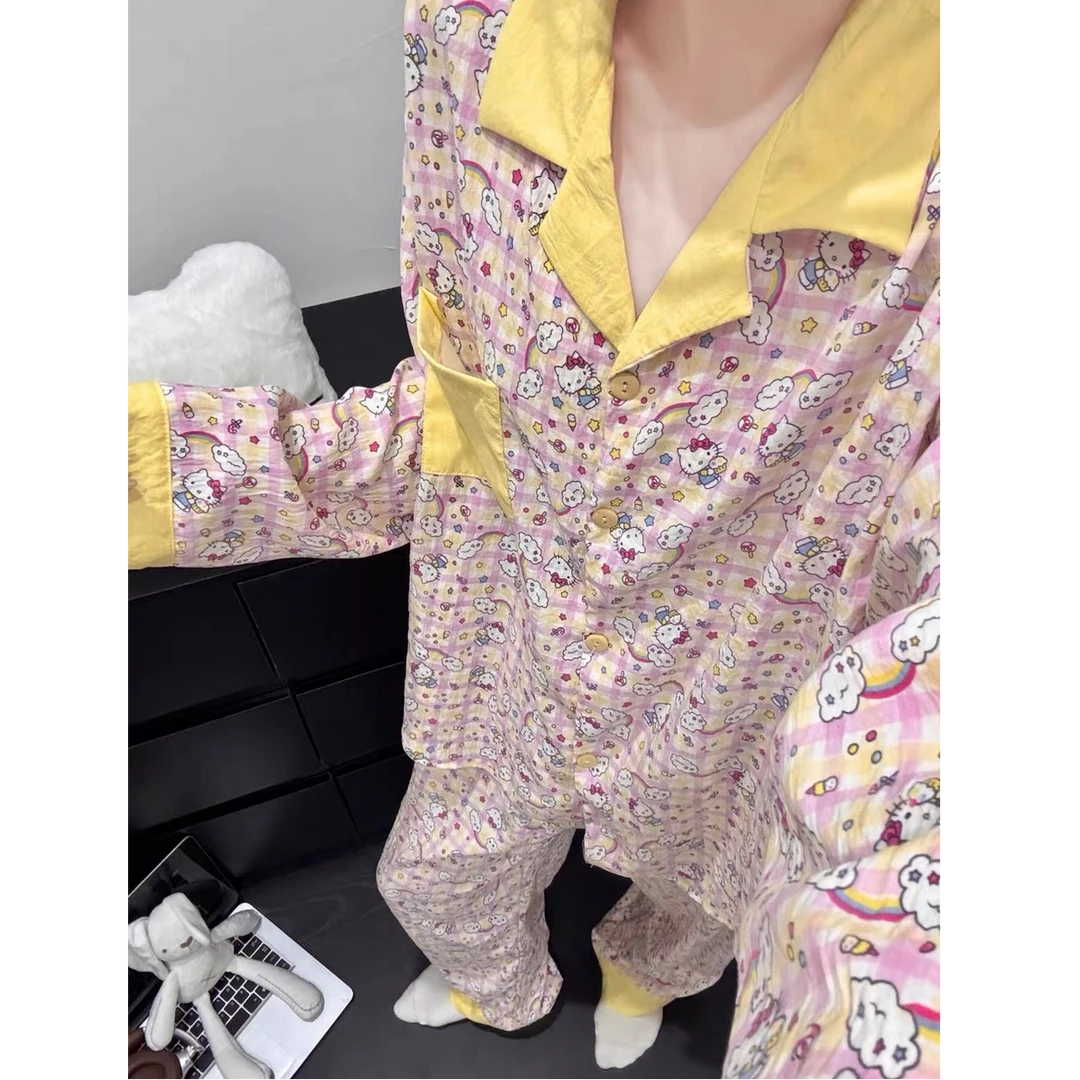 韩国甜美格子可爱KT猫睡衣女秋季新款撞色翻领长袖长裤家居服套装
