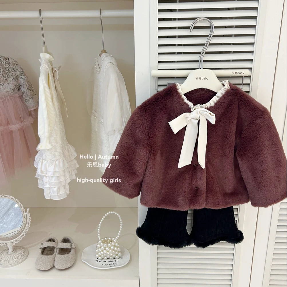 【乐恩童装】女童冬季洋气新款过年衣服枣红色毛毛开衫外套高定套装