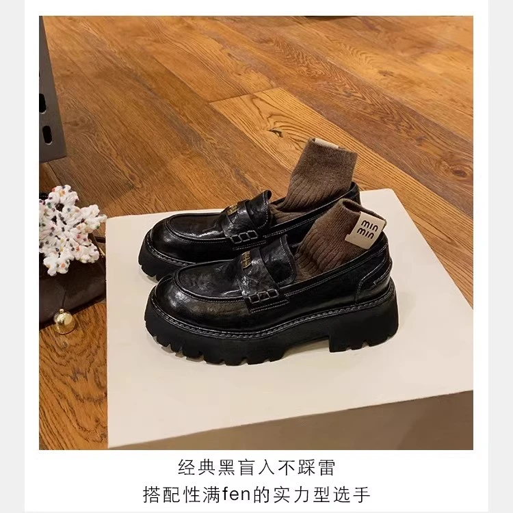 水洗马皮~5.5CM增高厚底小金币乐福鞋女英伦小个子棕色小皮鞋单鞋