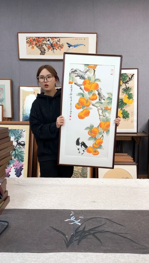【闪购商品】国画刘玉学-手绘带框作品-53*103-柿子