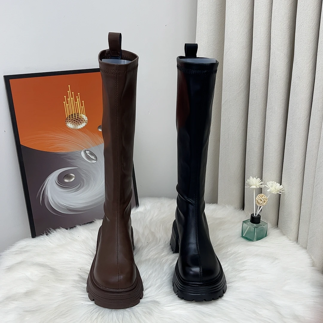 美拉德风靴子时尚百搭洋气明星同款秋冬厚底5cm小个子黑色骑士靴