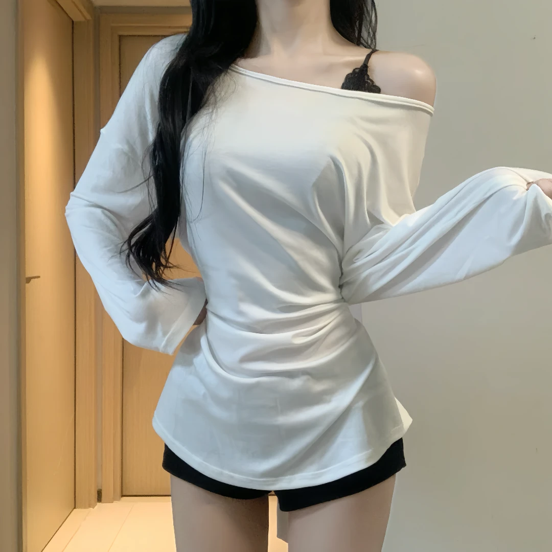 iqcq气球熊纯欲风斜肩薄款上衣春秋后背绑带收腰显瘦上衣吊带