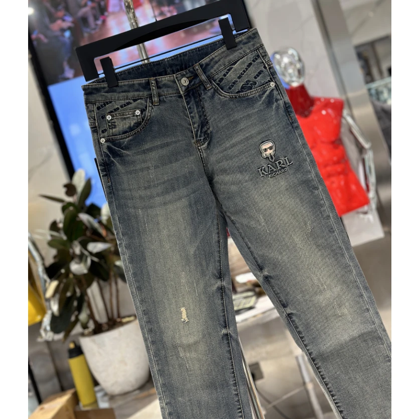 【发现者】2025春夏新品男士高工艺立体修身时尚蓝色牛仔裤OY7807