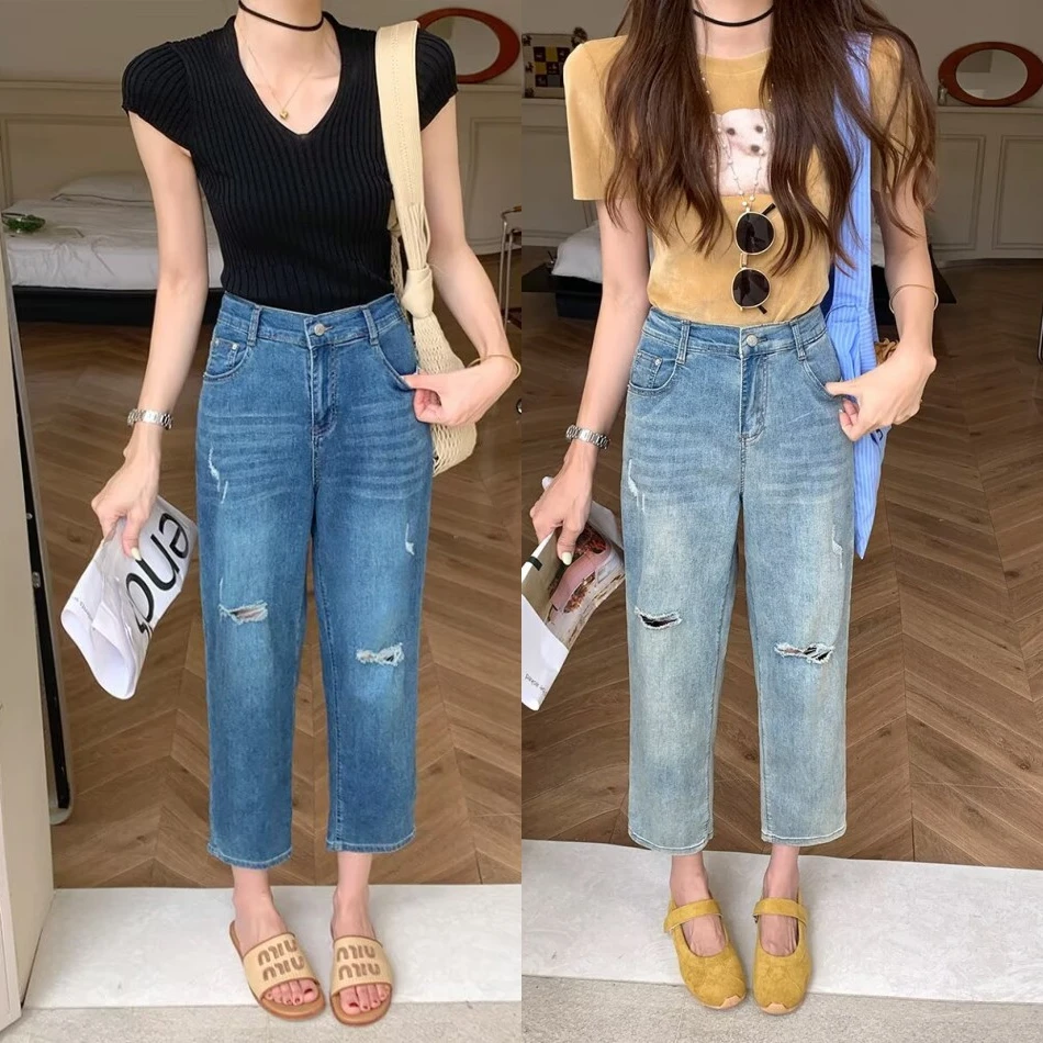 大码胖mm百搭松紧高腰显瘦破洞牛仔裤女夏季薄款弹力八分哈伦裤