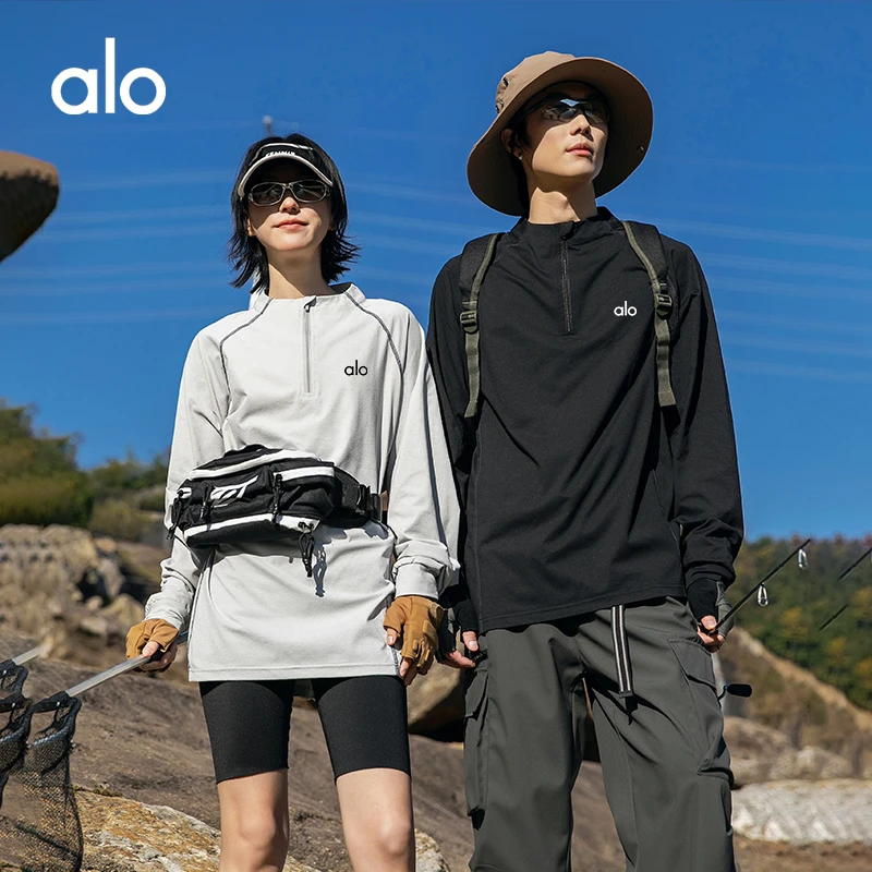 alo新款户外半拉链立领速干长T恤透气吸湿速干运动徒步训练服