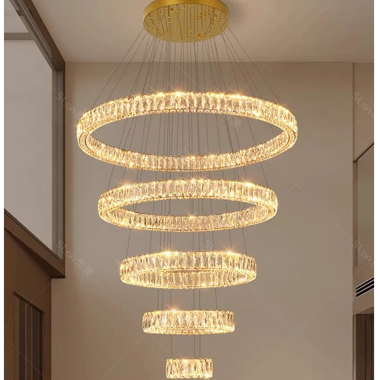 2025挑高客厅水晶复式楼大吊灯简约现代轻奢别墅大厅圆环楼梯灯具