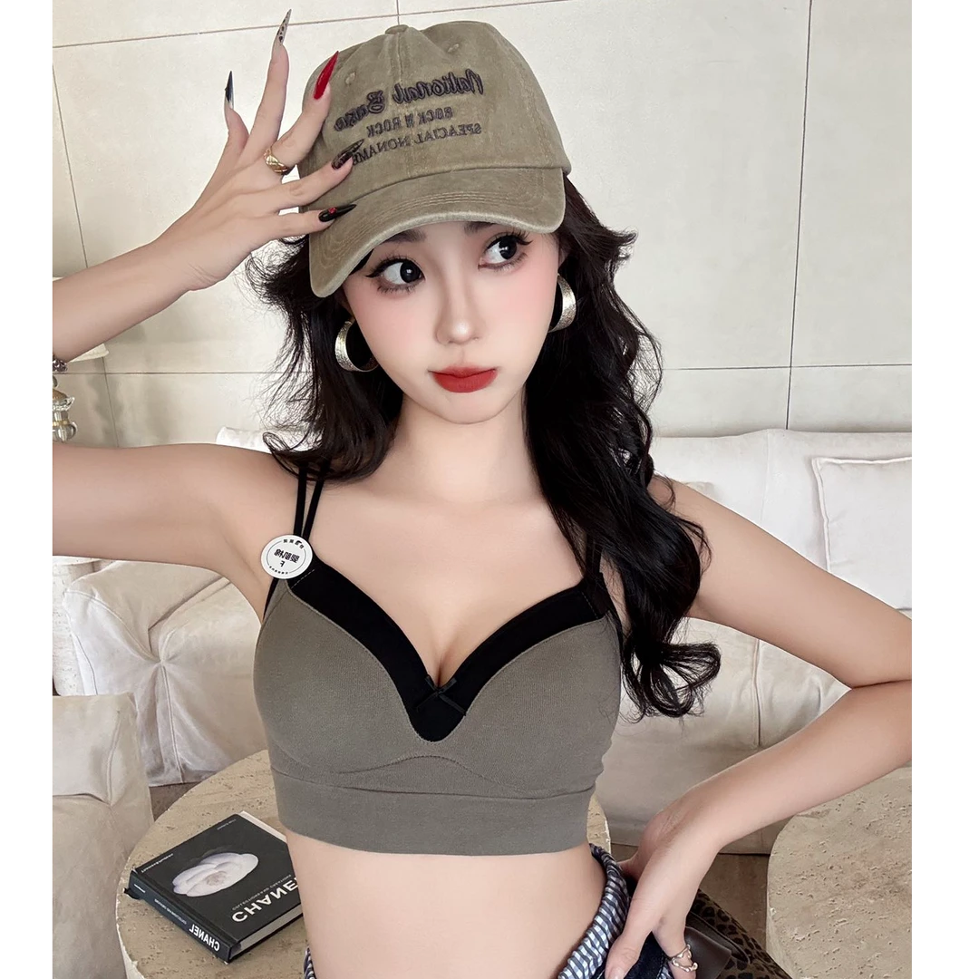 春夏性感深V领聚拢背心无缝棉内搭外穿美背文胸一体杯内衣抹胸女