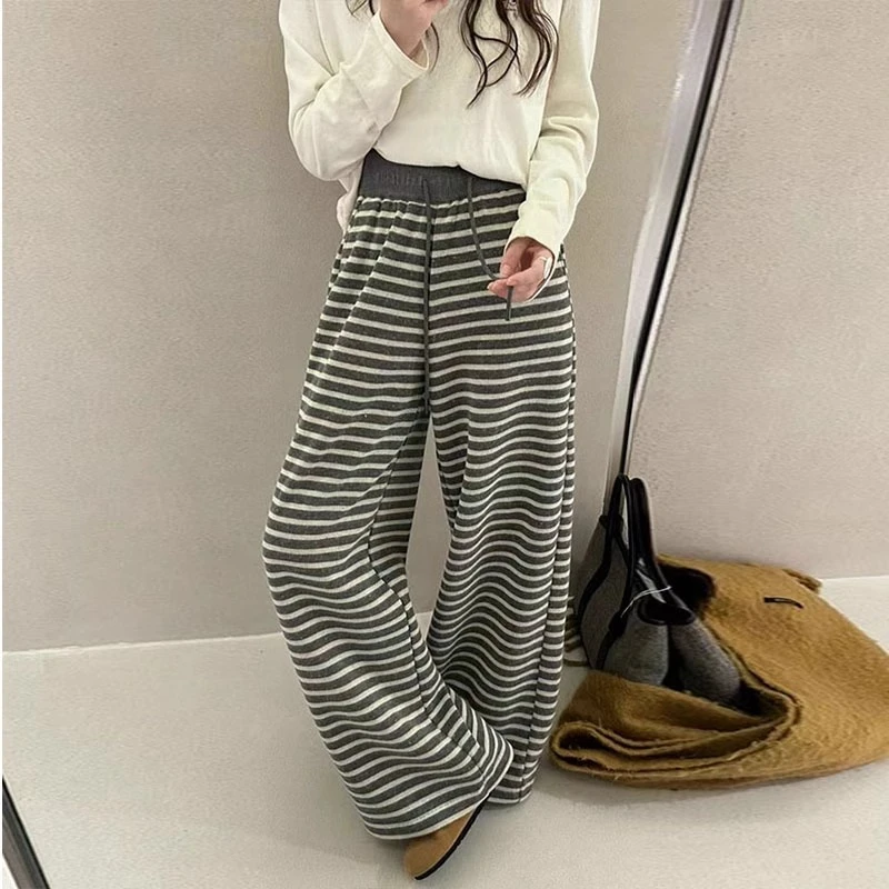 【现货+运费险】秋季新款休闲条纹阔腿裤女显瘦百搭松紧腰休闲长裤