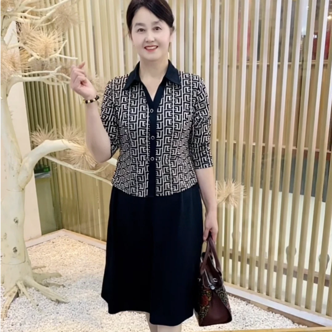 秋季新款妈妈装时尚显瘦气质百搭减龄中长款拼接高端洋气连衣裙