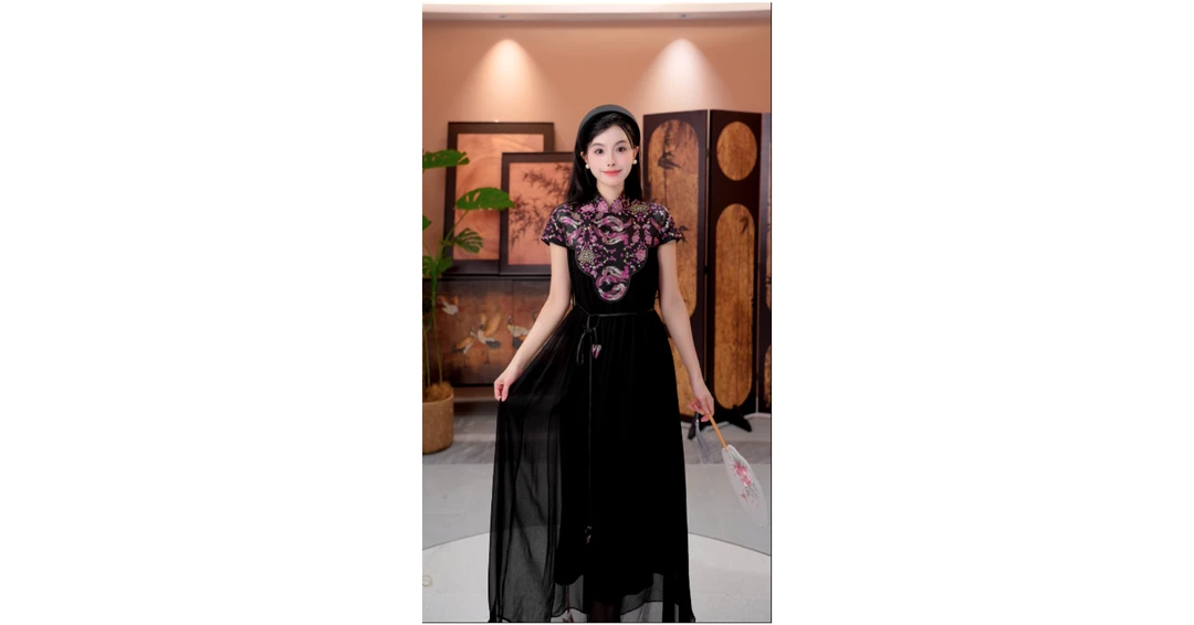 [凤凰于飞]H6160夏款短款新中式复古提花减龄时尚连衣裙 静静