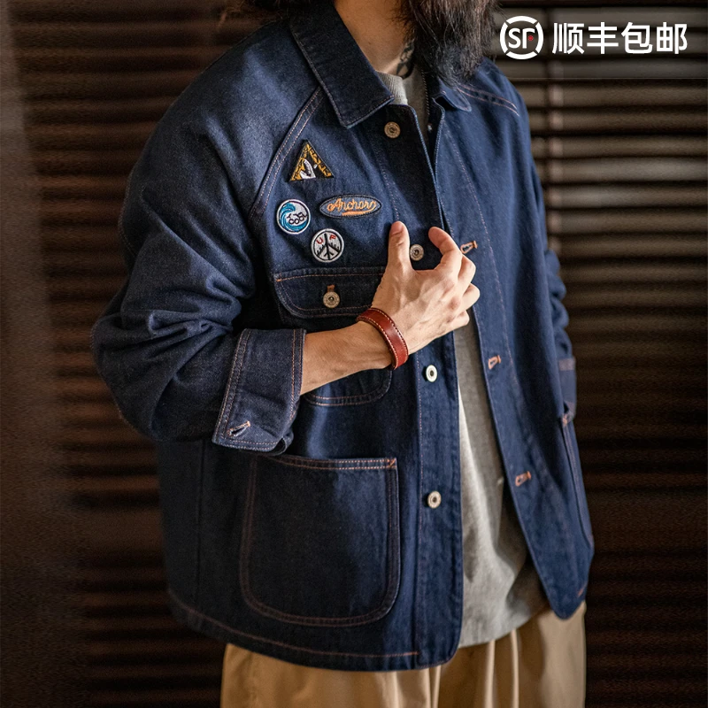 马登工装美式复古刺绣徽章牛仔夹克重磅水洗翻领休闲外套男秋冬季