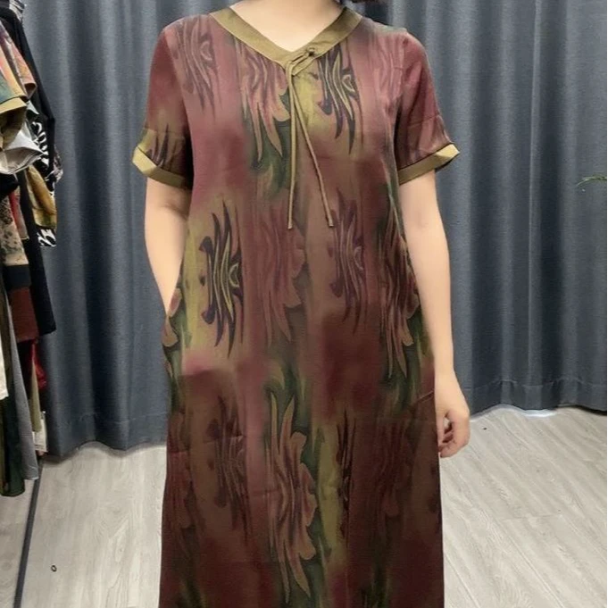 中国风花色短袖连衣裙2025夏季新款洋气遮肚子中长款妈妈裙子减龄