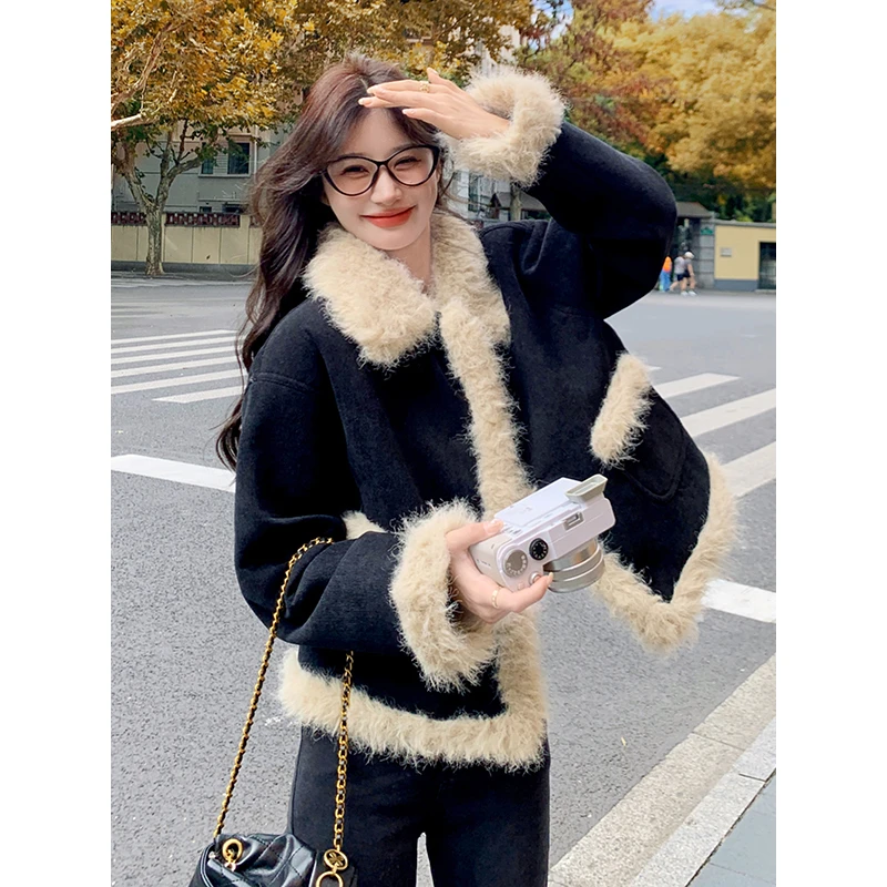 黑色毛绒拼接羽绒服女2025年冬季新款时尚韩系保暖加厚白鸭绒外套