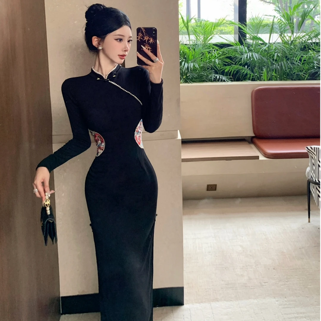 新中式黑色日常改良旗袍连衣裙女春季绝美气质高级感绣花包臀长裙