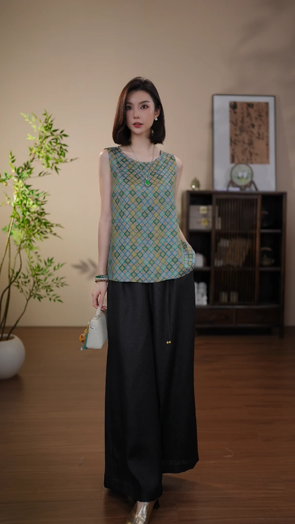 GONG QUE【花韵几何】新中式桑蚕丝圆领气质百搭无袖背心 3087