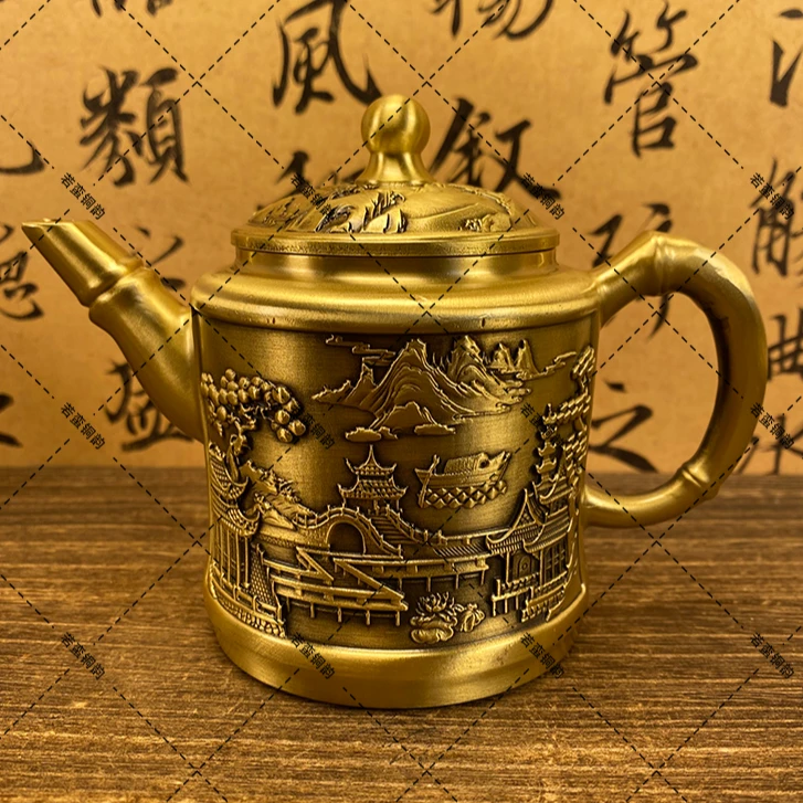 全黄铜可旋转盖子浮雕山水壶打磨精细做工好