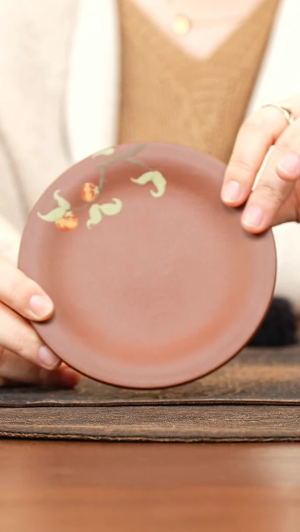 紫砂茶叶罐朱泥泥绘柿子壶承