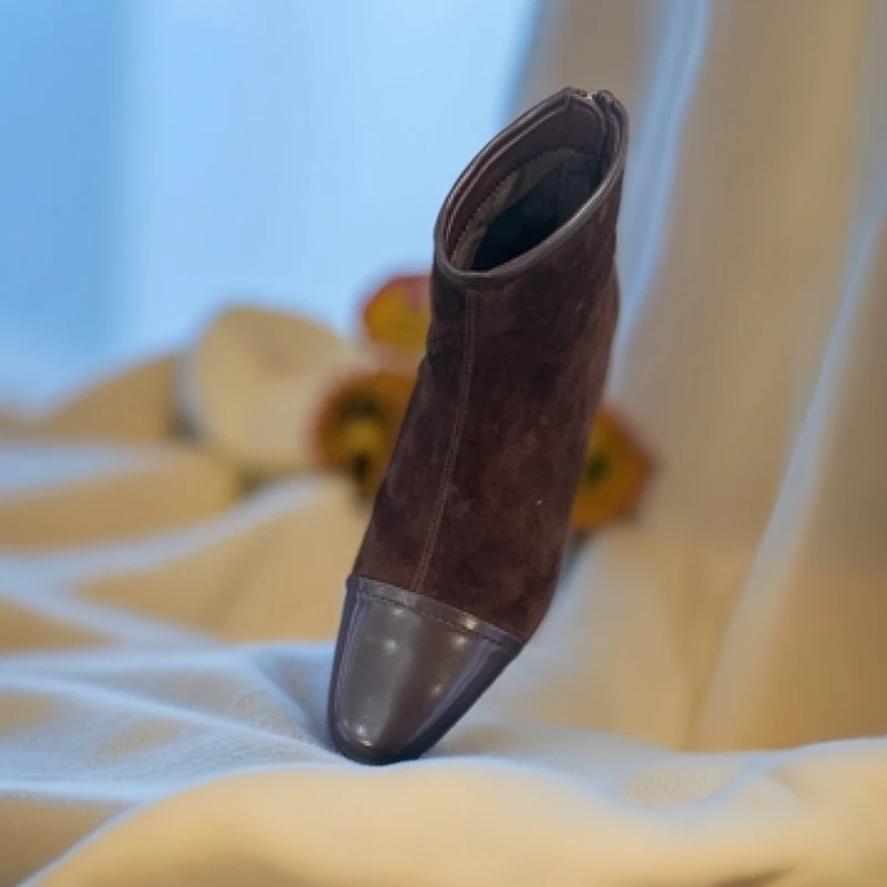 牛皮短靴女冬粗跟冬季方头高跟安格拉红羊猄皮女靴秋冬瘦瘦靴方头