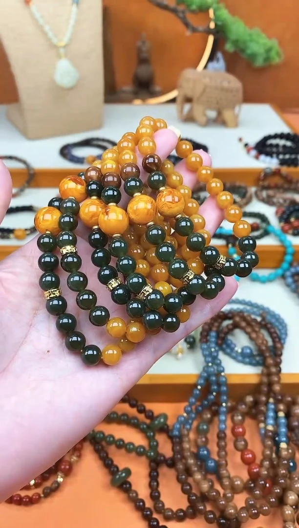 未镶嵌蜜蜡手链单圈蜜蜡和田菠菜绿手串